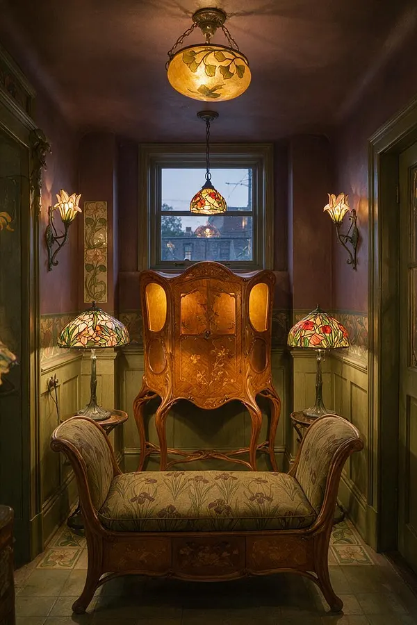 A narrow Art Nouveau game room with a carved wooden cabinet centered beneath a window, flanked by matching stained-glass table lamps on small side tables. A curved upholstered settee sits in the foreground, while wall sconces and a floral pendant light cast a warm amber glow over green wainscoting and patterned tile flooring.