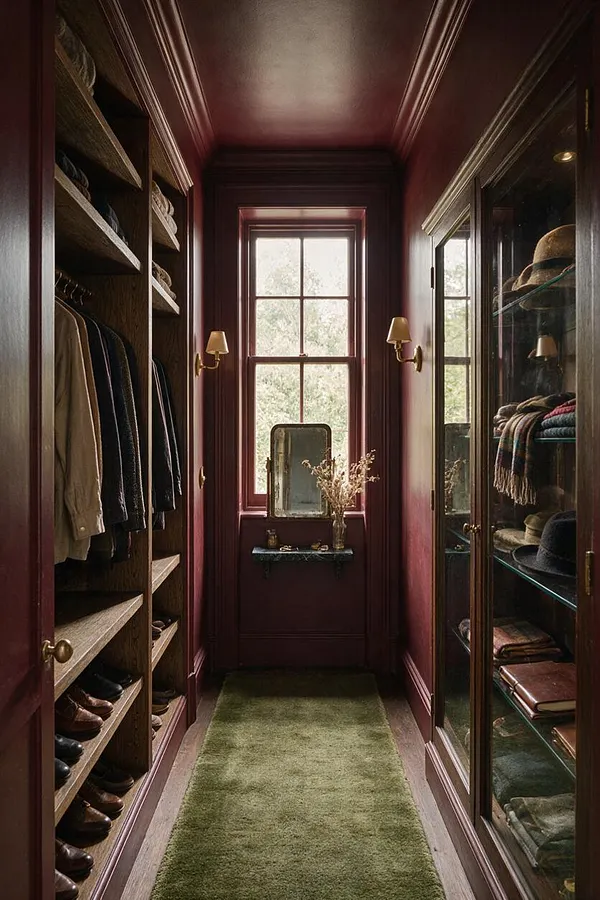 A narrow walk-in closet with deep burgundy paneled walls, built-in wood shelving for clothes and shoes on the left, and glass-front cabinets on the right displaying hats, scarves, and folded items. A small window at the end brings in daylight above a slim shelf with a mirror and vase, while a muted green runner softens the floor.