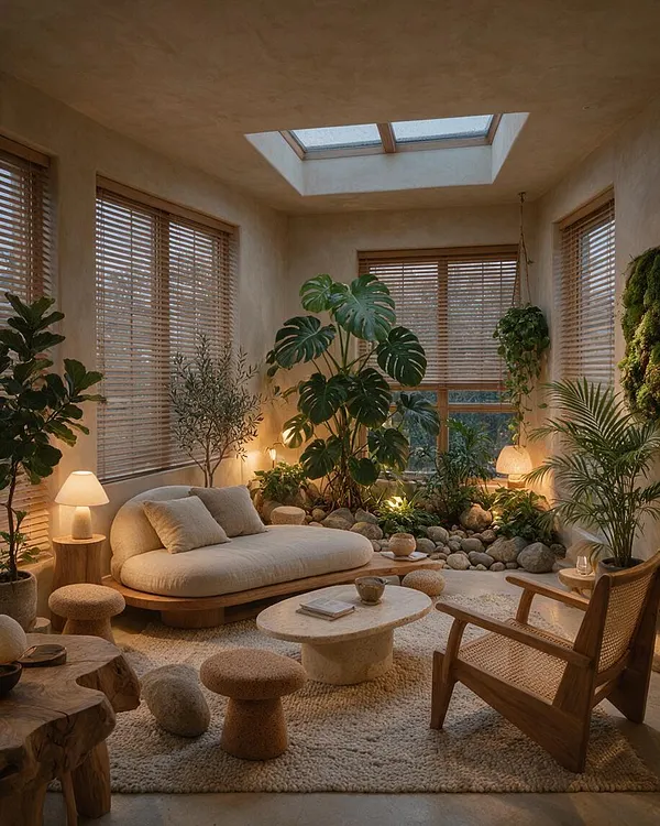 A warm studio apartment interior filled with lush greenery, natural textures, and soft neutral furnishings. A rounded cream sofa, woven chair, pebble-like stools, and a stone coffee table sit on a textured rug around an indoor rock garden beneath skylights and wood blinds.