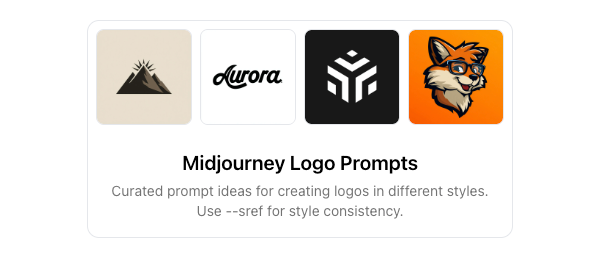 The image features a collection of logo designs along with a title and description for Midjourney logo prompts.