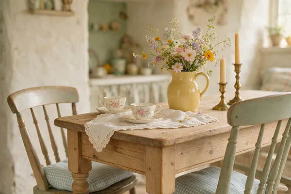 A cozy cottage-style dining nook with a small rustic wooden table, two pale green spindle-back chairs, and a yellow ceramic pitcher filled with wildflowers. Floral teacups sit on a lace runner beside brass candlesticks, with soft cream walls and warm natural light in the background.