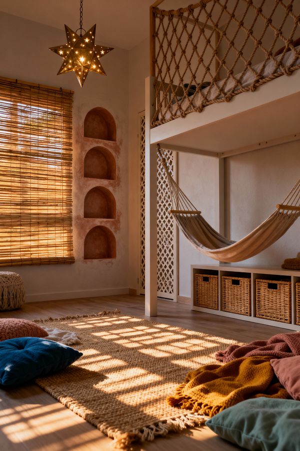 A warm, bohemian kids’ room with a loft bed framed by a rope net and a hammock suspended beneath. Sunlight filters through bamboo blinds onto a jute rug and pale wood floors, illuminating terracotta arched wall niches, a perforated star-shaped pendant light, a lattice screen door, and a low storage bench with woven rattan baskets; scattered floor cushions and chunky knitted throws in mustard, rust, teal, and sage create a soft play zone.
