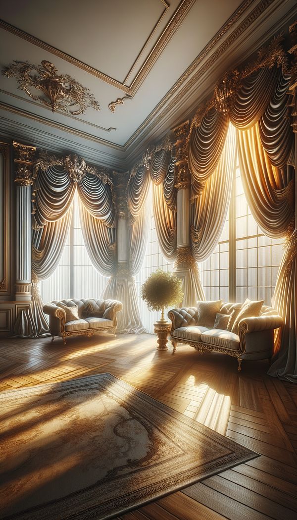 An elegant living room featuring antique satin draperies framing a large window, with sunlight casting a warm glow on the fabric's textured surface.