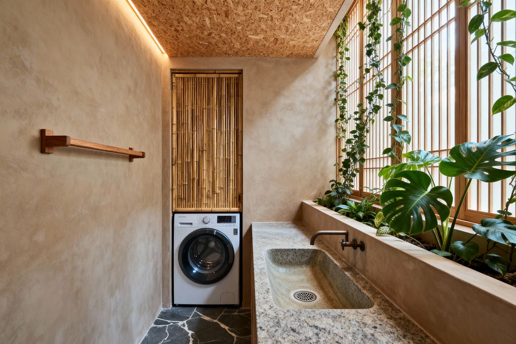 A narrow, light-filled laundry room with warm beige plaster walls and an OSB ceiling with a slim LED strip. A long speckled granite trough sink with a wall-mounted brass tap runs along one side. A white front-loading washer sits below a vertical bamboo screen. Wood-framed slatted windows backlight a built-in planter filled with trailing vines and large monstera leaves. The floor is dark natural stone with white veining, and a simple wood rail mounts on the opposite wall.