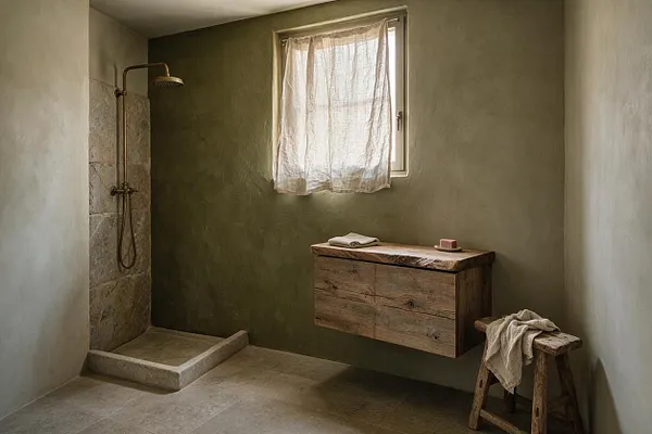 A serene master bathroom with a walk-in shower at left, featuring stone tile, a brass showerhead, and a low step. The room has olive-green plaster walls, a small window with a sheer linen curtain, a floating rustic wood vanity, and a simple wooden stool with folded fabric, creating a quiet, natural Wabi-Sabi atmosphere.
