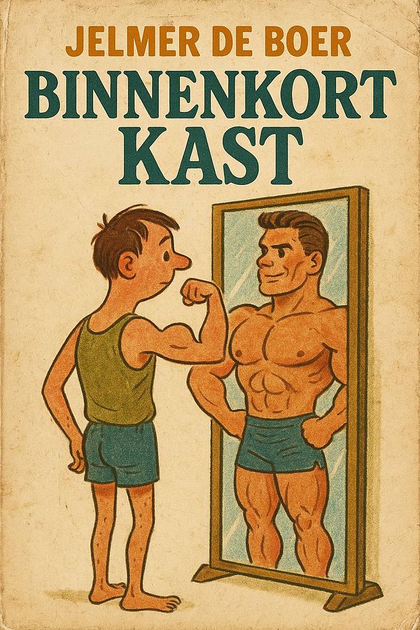 A retro-style book cover featuring a boy admiring a muscular reflection in a mirror.