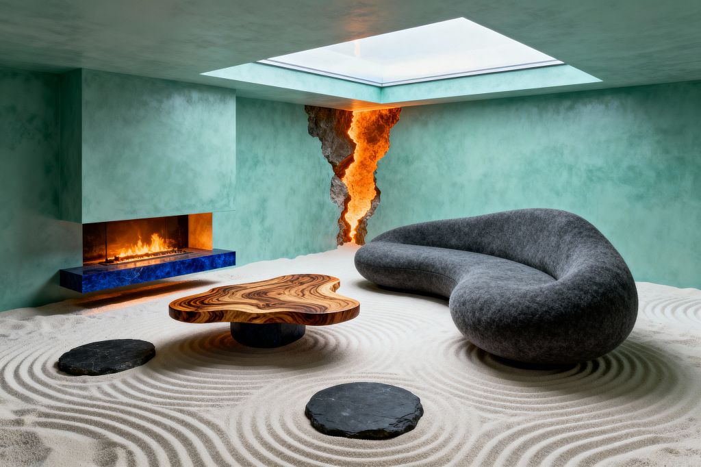A surrealist living room with a floor of raked white sand and round slate stepping stones. A large, curved charcoal sofa faces a linear fireplace set into mint green plaster walls, with a floating hearth in vivid cobalt blue stone. A sculptural olive wood coffee table sits centrally. In the corner, a backlit fissure reveals rough rock glowing amber. A wide frameless skylight floods the space with natural light for a dreamlike atmosphere.