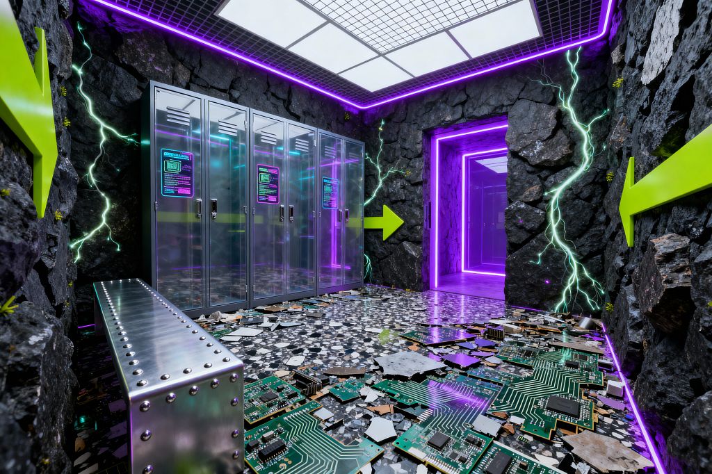 A cyberpunk-inspired mudroom features black rock walls streaked with green light, purple LED strips along the ceiling and doorway, and bright lime arrows. On the left are glass-front lockers with digital decals beside a riveted stainless-steel bench; the floor combines speckled terrazzo with exposed printed circuit boards, while a grid ceiling with light panels casts a cool, futuristic glow.