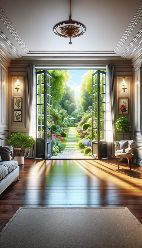 A bright and elegantly styled living room divided by open French doors, showing a view into a lush garden.