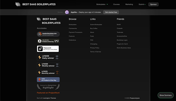 The image displays a webpage titled 'Best SaaS Boilerplates' featuring various accolades and links.