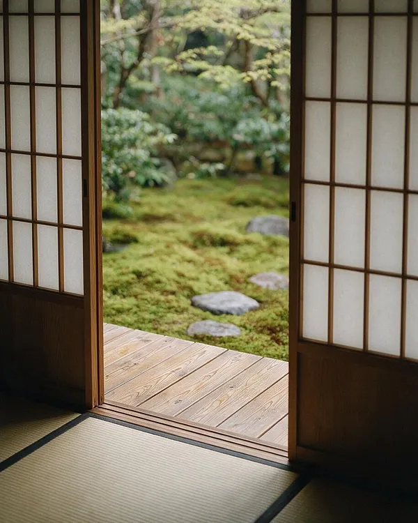 A traditional Japanese room opens through sliding shoji doors onto a small wooden deck and a mossy garden beyond. Tatami flooring and dark wood framing create a calm interior, while soft daylight highlights the natural textures of wood, paper, and greenery.