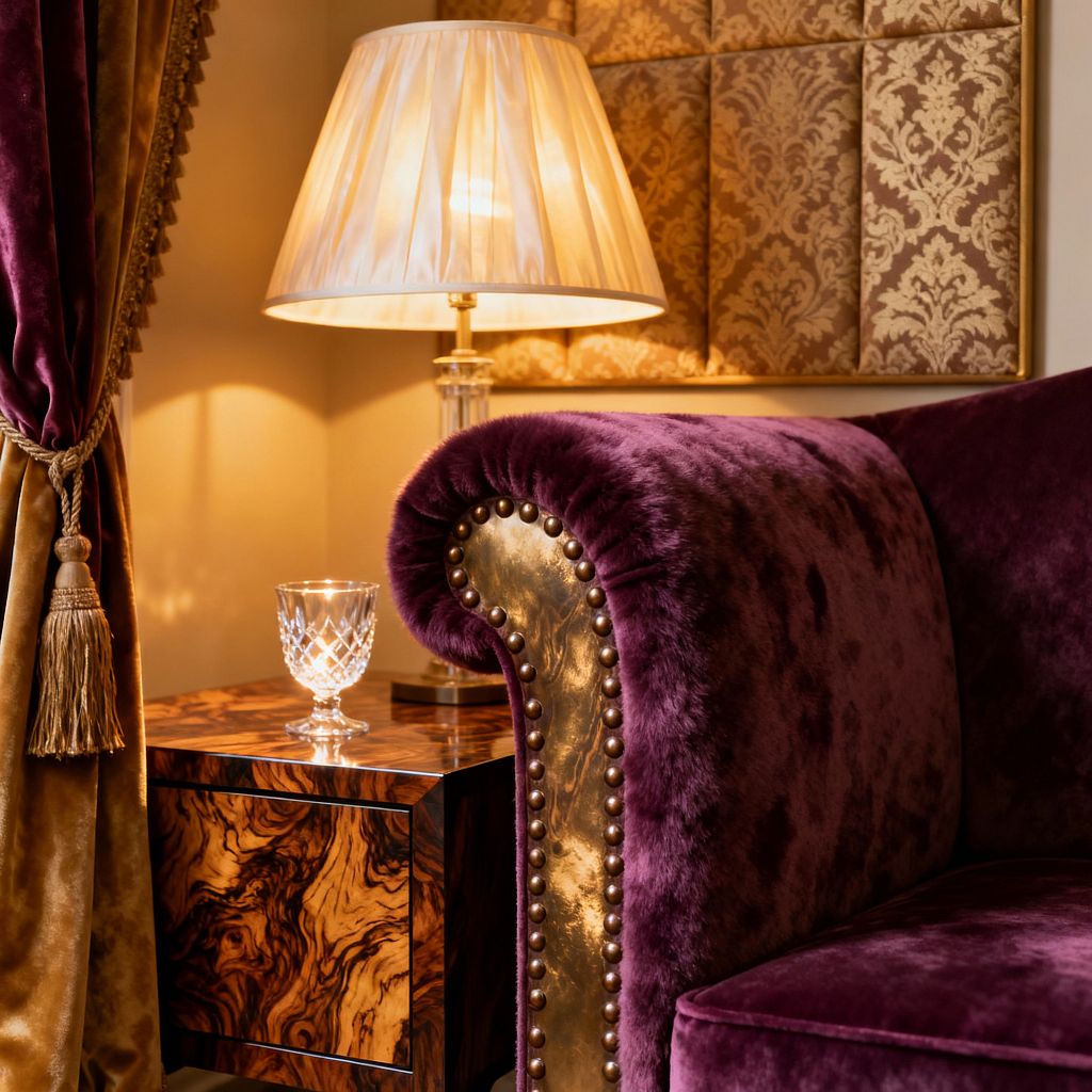 Close-up of a Traditional media room corner featuring a deep plum velvet sofa with a rolled arm and brass nailhead trim beside a glossy burl-wood side table. On the table sit a cut-crystal glass and a lamp with a pleated ivory silk shade on a clear glass column. Behind, gold and taupe damask-upholstered wall panels add pattern, while heavy velvet drapery with a gold tassel tieback frames the scene, all lit by warm amber light.