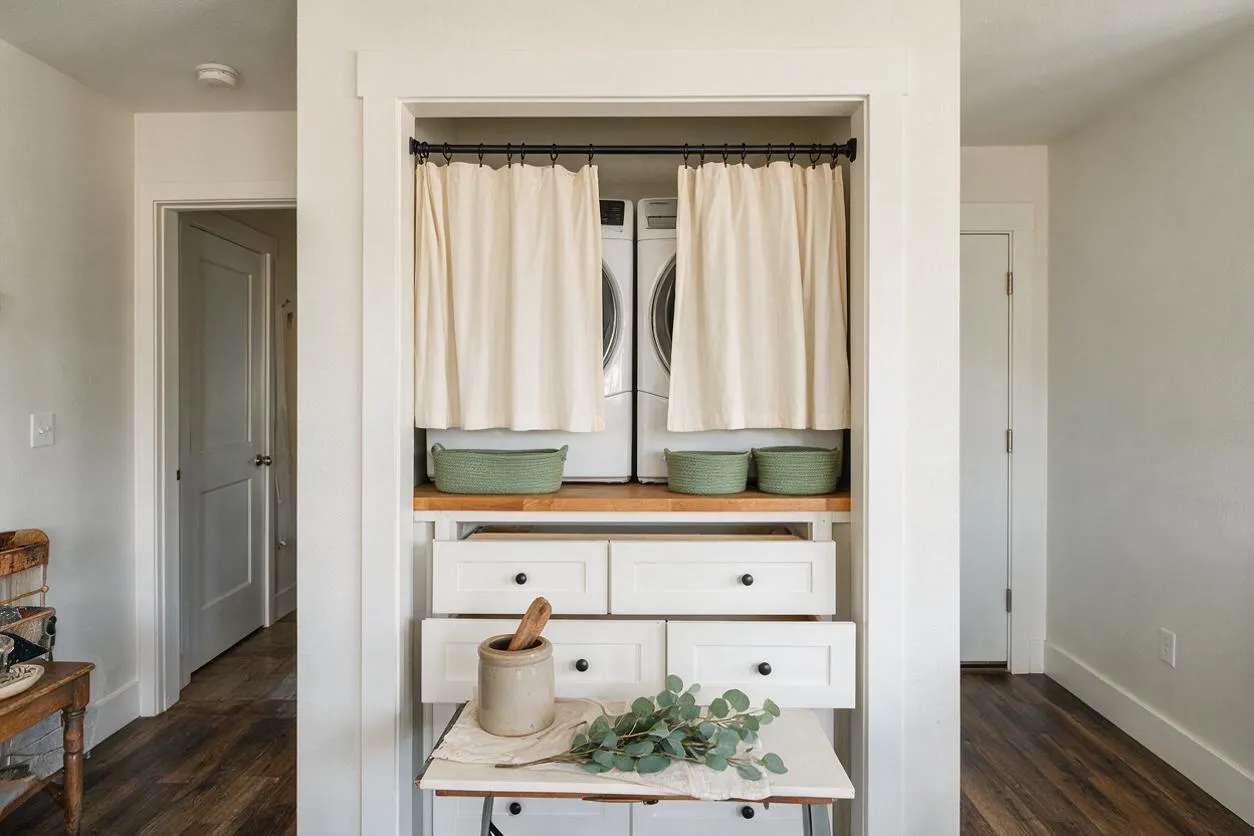 A compact farmhouse-style closet niche used for laundry storage, with cream curtains hanging from a black rod in front of stacked washer and dryer units. White built-in drawers, a warm wood shelf, woven baskets, and a small rustic table with a ceramic pitcher and greenery create a soft neutral look.