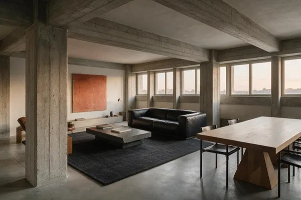A brutalist-style studio apartment with exposed concrete columns and beams, a polished concrete floor, and a wall of large windows bringing in soft daylight. The space includes a black leather sofa, a low rectangular stone coffee table on a dark rug, a simple wooden dining table with metal chairs, and a muted abstract artwork in warm terracotta tones.