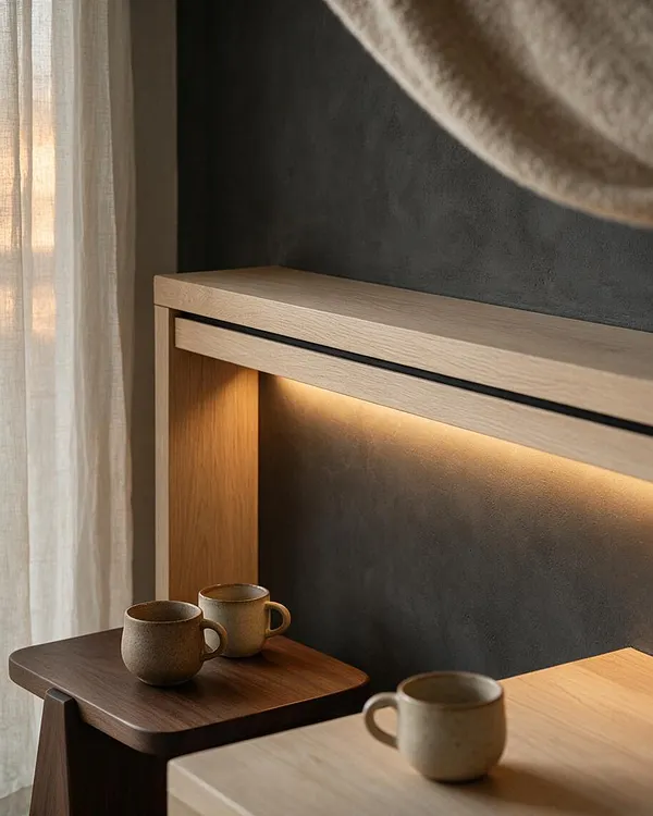 A serene Japandi-style corner with a light oak built-in shelf or bench, warm integrated under-shelf lighting, and a dark textured wall behind it. A sheer linen curtain filters daylight on the left, while small ceramic mugs sit on a dark wood side table and a pale wood surface in the foreground.