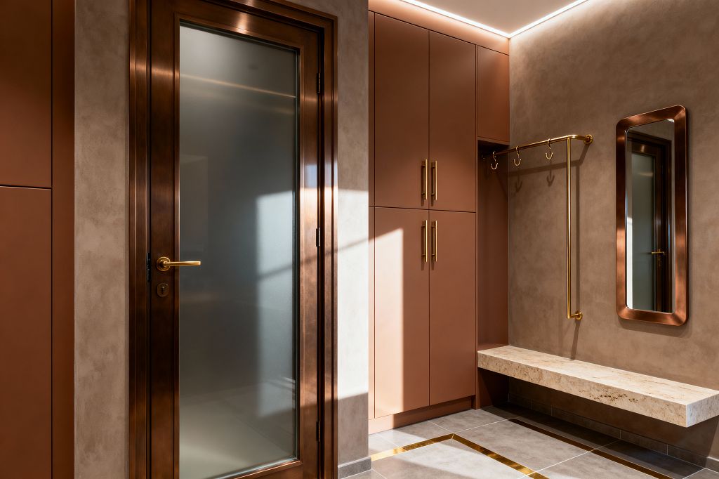 A contemporary mudroom features matte terracotta built-in cabinets with brass pulls, a bronze-framed door with frosted glass, a matching brass coat rail, and a rounded-rectangular wall mirror. A floating travertine bench spans one wall above large gray porcelain tiles detailed with brass inlays, while taupe plaster walls and concealed perimeter LED lighting cast a warm, even glow.