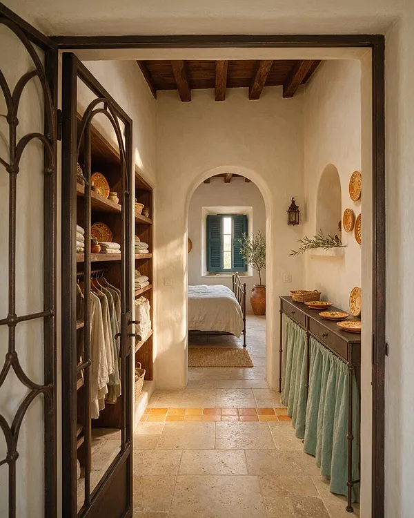 A Mediterranean-style closet corridor with plaster walls, dark wood ceiling beams, and arched doorways. Open wooden shelving holds folded linens and hanging clothes, while a dark console with a soft green skirt sits beside decorative plates and pottery; a bedroom is visible in the background.