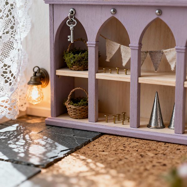 Close-up of a children’s shelf styled with Gothic pointed arches, painted lavender with light pine interiors. The shelves hold small wicker baskets filled with moss, rows of brass pegs, and metal cone towers; a linen bunting hangs at the back, a silver key dangles from a screw, and an antique brass wall sconce glows beside a white crochet lace curtain over slate and cork flooring.