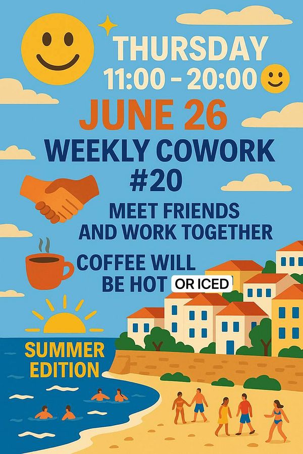 A colorful promotional poster for a weekly coworking event on June 26.