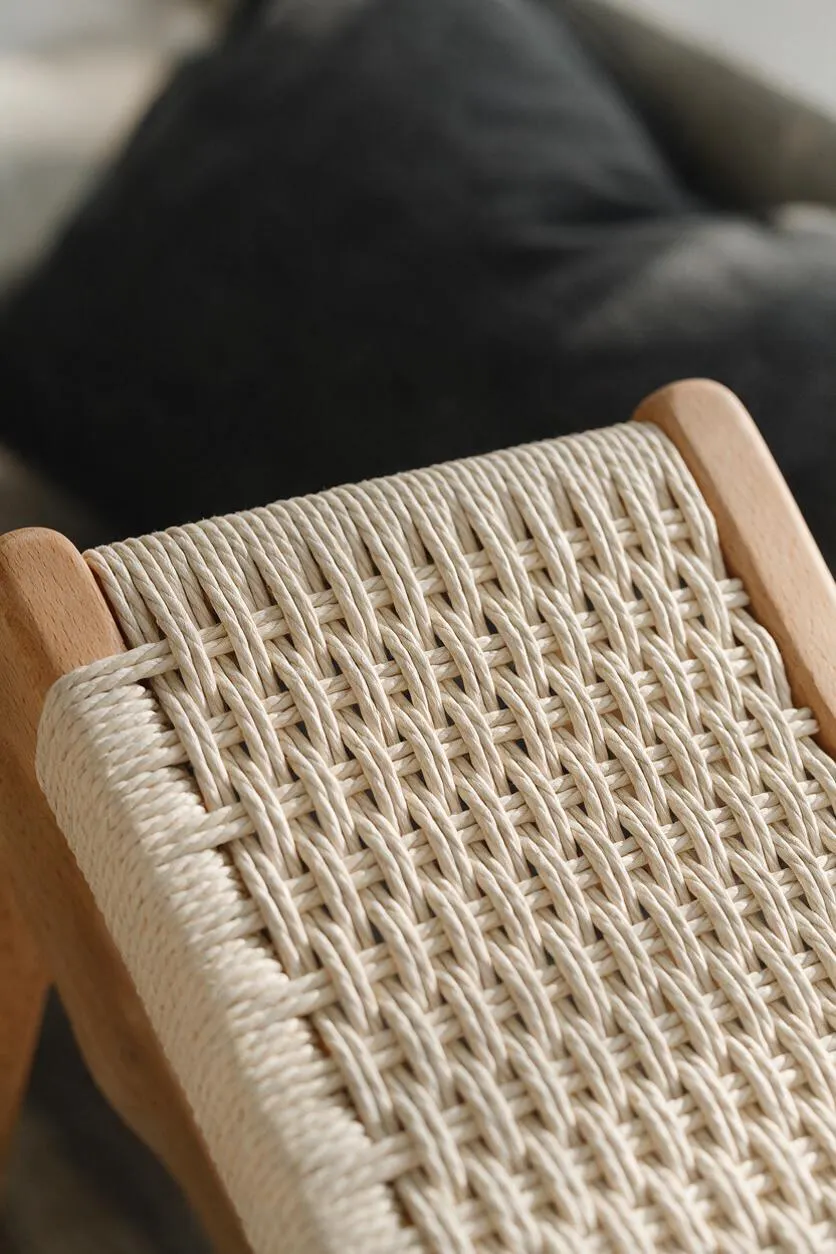 A close-up of a Scandinavian-style chair showing a tightly woven light rope seat or backrest framed by smooth natural wood. The background is softly blurred with a dark cushion, emphasizing the craftsmanship and texture of the chair detail.