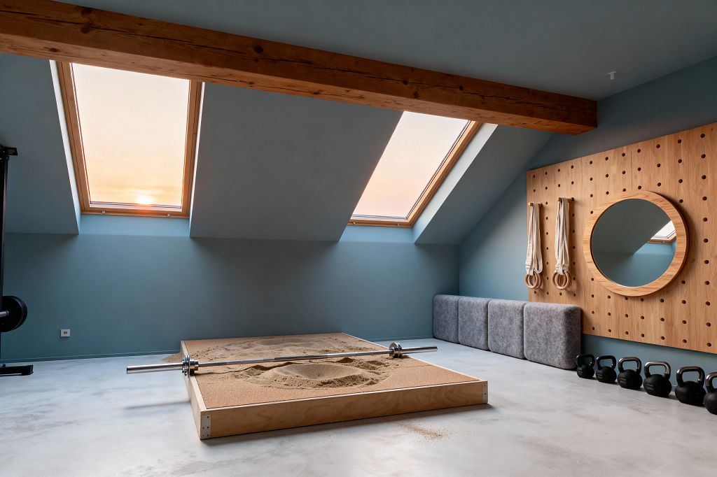 An attic home gym with sloped blue-gray walls features two large skylights framed in wood and an exposed ceiling beam. A raised sand-filled training platform holds a polished barbell; an oak pegboard wall includes a round wood-framed mirror and cotton-strapped gymnastic rings. Gray upholstered wall pads and a row of black kettlebells sit on a light microcement floor, all lit by warm natural light.