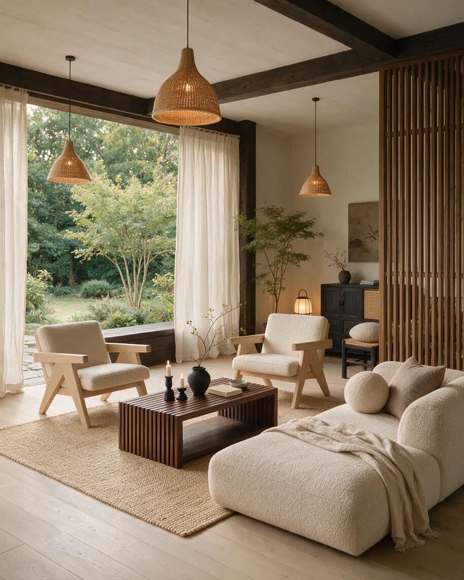 A Japandi-style front porch with light wood armchairs, a rounded bouclé chaise, and a slatted wood coffee table on a natural jute rug. Sheer curtains frame an open view to lush greenery, while woven pendant lights, dark timber beams, and a vertical wood screen create a calm, warm atmosphere.