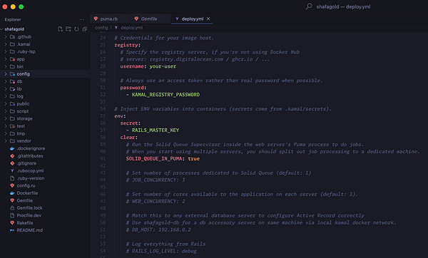 The image displays a code editor interface showing a YAML configuration file for a deployment setup.