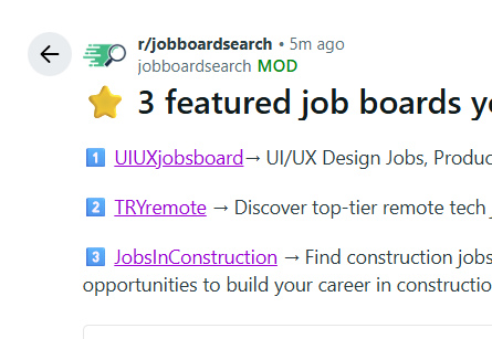 A screenshot of a job board search results page listing 12 verified job boards, each with name, verifications, and additional details, in a web app interface.