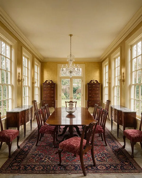 A formal traditional dining room with a long polished wood table, carved chairs upholstered in red patterned fabric, and a large crystal chandelier centered overhead. Tall windows line both sides of the room, bringing in garden views and natural light, while matching dark wood case pieces and a patterned area rug complete the elegant, symmetrical layout.