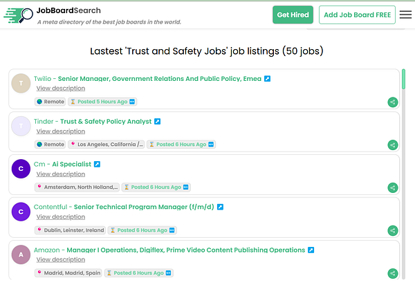 A job listing interface displaying various job opportunities in the Trust and Safety sector.