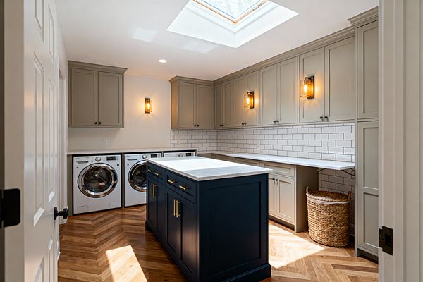 A skylit laundry room with greige Shaker cabinets lines the walls, white quartz counters, and a white subway-tile backsplash with gray grout. A deep navy island with brass hardware and a marble-look top stands on warm herringbone oak floors, flanked by front-loading washer and dryer, glass wall sconces on black backplates, and a woven laundry basket tucked under the counter.