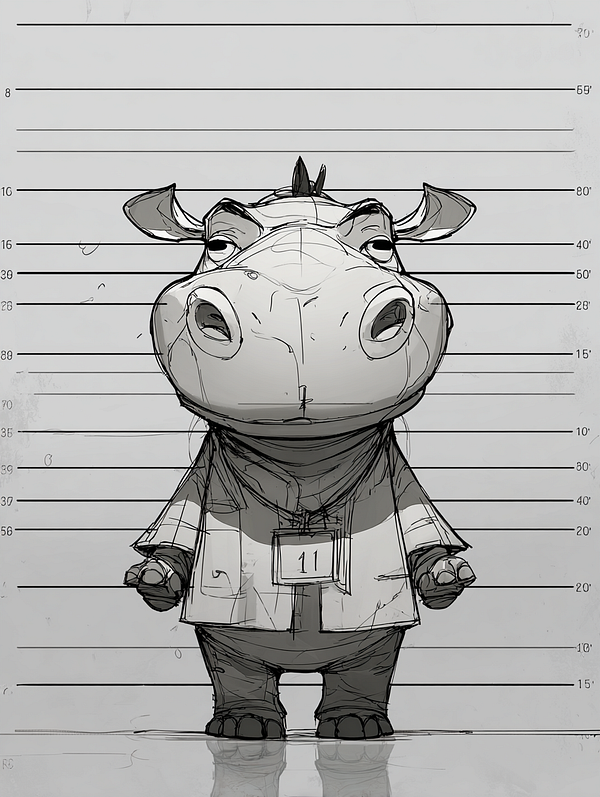 A cartoonish character resembling a hippo is depicted in a police lineup setting.