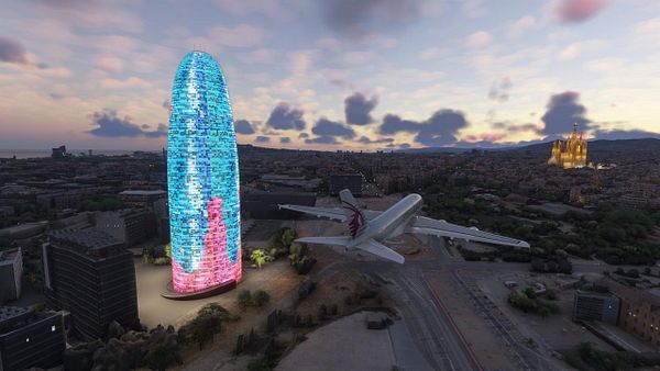 A vibrant aerial view of Barcelona featuring the iconic Torre Glòries and an airplane in flight.