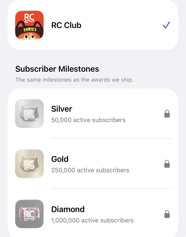 Subscriber milestones for the RC Club app including Silver, Gold, and Diamond levels locked.