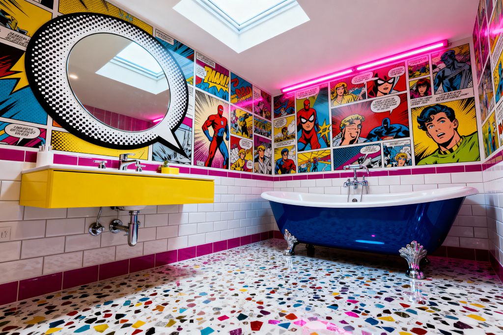 A bathroom in Pop Art style features comic-strip wallpaper on the upper walls and a round mirror framed like a speech balloon. A glossy yellow floating vanity with a chrome faucet faces a cobalt blue claw-foot bathtub set on multicolored terrazzo flooring; white subway tiles with a magenta border line the lower wall. Pink LED tube lighting and two skylights illuminate the saturated colors and polished chrome details.