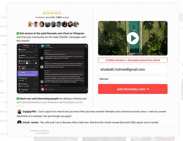 The image displays a user interface for the Nomads.com platform, showcasing a chat feature and a membership sign-up section.