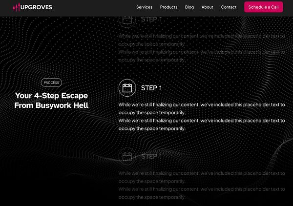 Wireframe design for a homepage process section with a sticky step title on the left and detailed step content on the right.