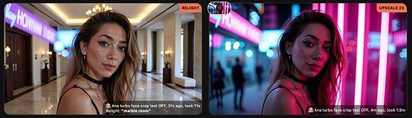 The image features a side-by-side comparison of two edited photos of a woman in a stylish setting.