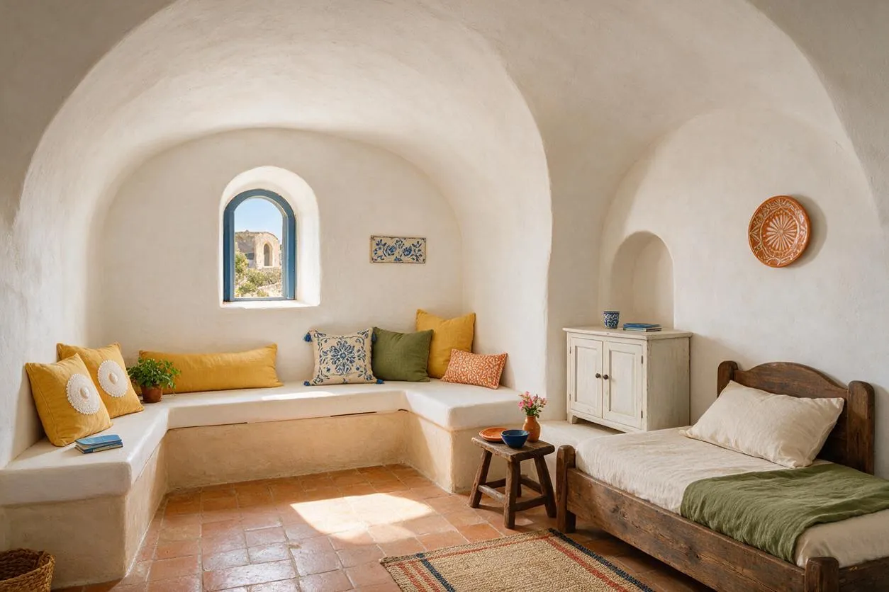 A cozy kids' room with white plaster vaulted arches, a built-in L-shaped bench with colorful pillows, and a small wood bed along the wall. Terracotta tile flooring, a blue-trimmed arched window, and rustic wood furnishings create a warm Mediterranean feel.