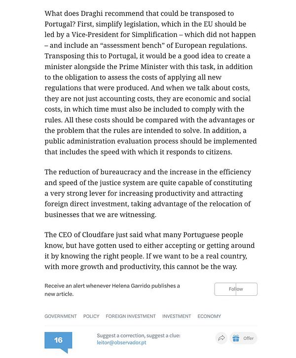 The image features an article discussing recommendations for simplifying legislation in Portugal, focusing on bureaucracy reduction and foreign investment.
