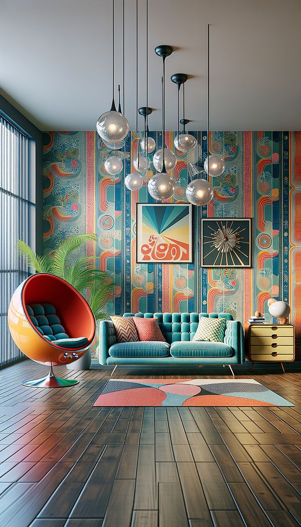 An open living room featuring a vibrant-colored egg chair, a vinyl couch, and a sputnik chandelier, set against wallpaper with bold, geometric patterns.