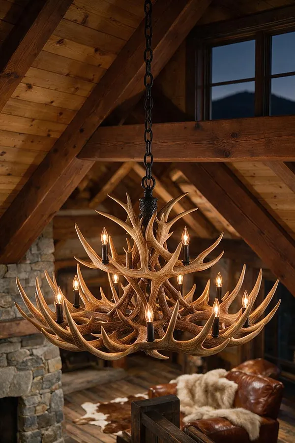 A rustic lodge interior with a dramatic chandelier made from antlers and candle-style bulbs hanging from a dark chain beneath exposed timber beams. Below, a leather armchair with a fur throw sits on a wood floor near a stone fireplace, with a window framing the dark outdoor view.
