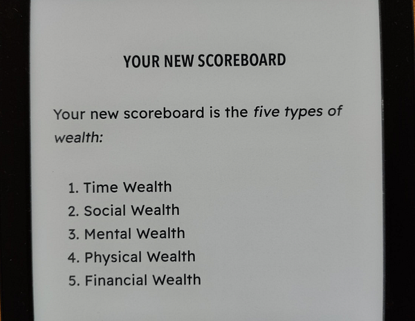 The image displays a page from a book outlining five types of wealth.
