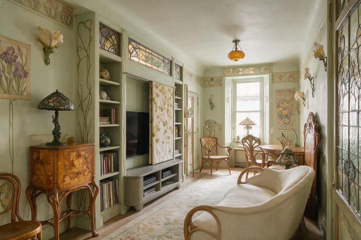 A narrow media room in Art Nouveau style with soft sage walls, floral wall murals, stained-glass window panels, and curved wood furniture. A built-in media cabinet with shelves and a TV anchors one wall, while a cream sofa, carved chairs, and decorative lamps create a refined, vintage atmosphere.