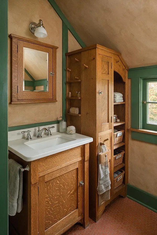 A compact Craftsman-style master bathroom with warm oak cabinetry, a white integrated sink, and a matching wood medicine cabinet. Green trim frames tan plaster walls and a small window, while wicker baskets, chrome fixtures, and a terracotta hex tile floor add texture and utility.