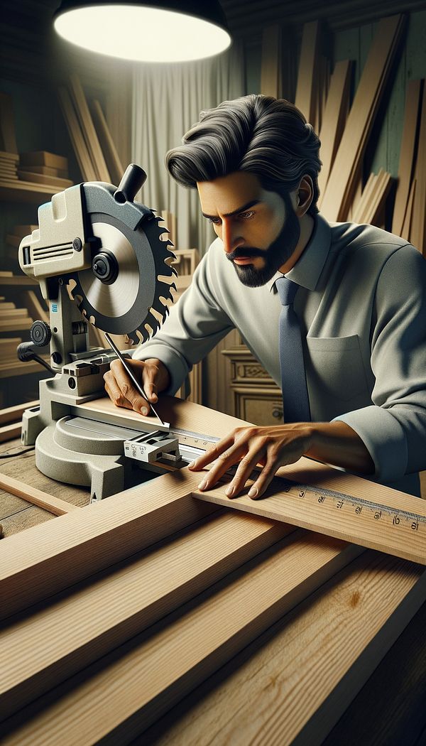 a woodworker accurately measuring and cutting wood at a 45° angle to create a miter joint, with a miter saw in the background