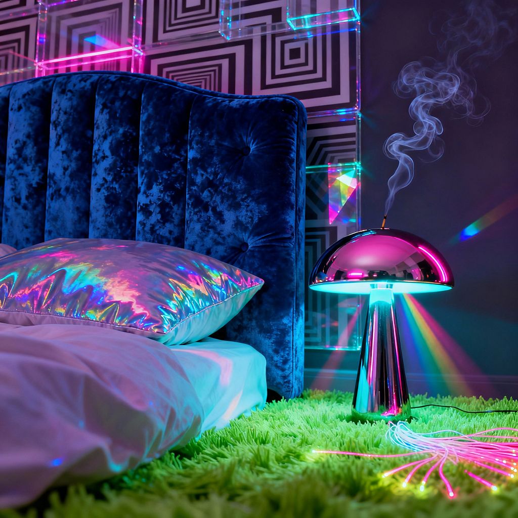A psychedelic bedroom vignette shows a deep blue tufted velvet headboard next to white bedding topped with a holographic pillow on a neon green shag rug. A chrome mushroom lamp emits magenta and cyan beams beside black-and-white geometric wallpaper and clear acrylic panels that refract rainbow light, while wisps of smoke and glowing fiber‑optic strands intensify the vivid, club-like atmosphere.