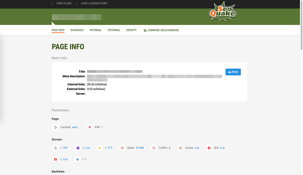 The image displays a detailed SEO assessment report for a webpage using the SEOquake tool.