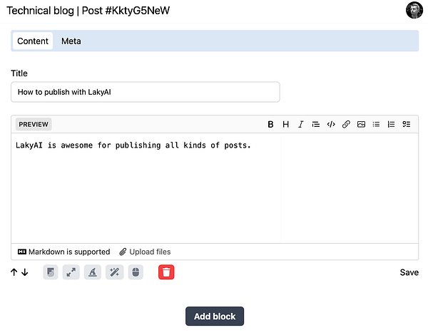 The image displays a post editing interface for LakyAI with a title and content preview section.