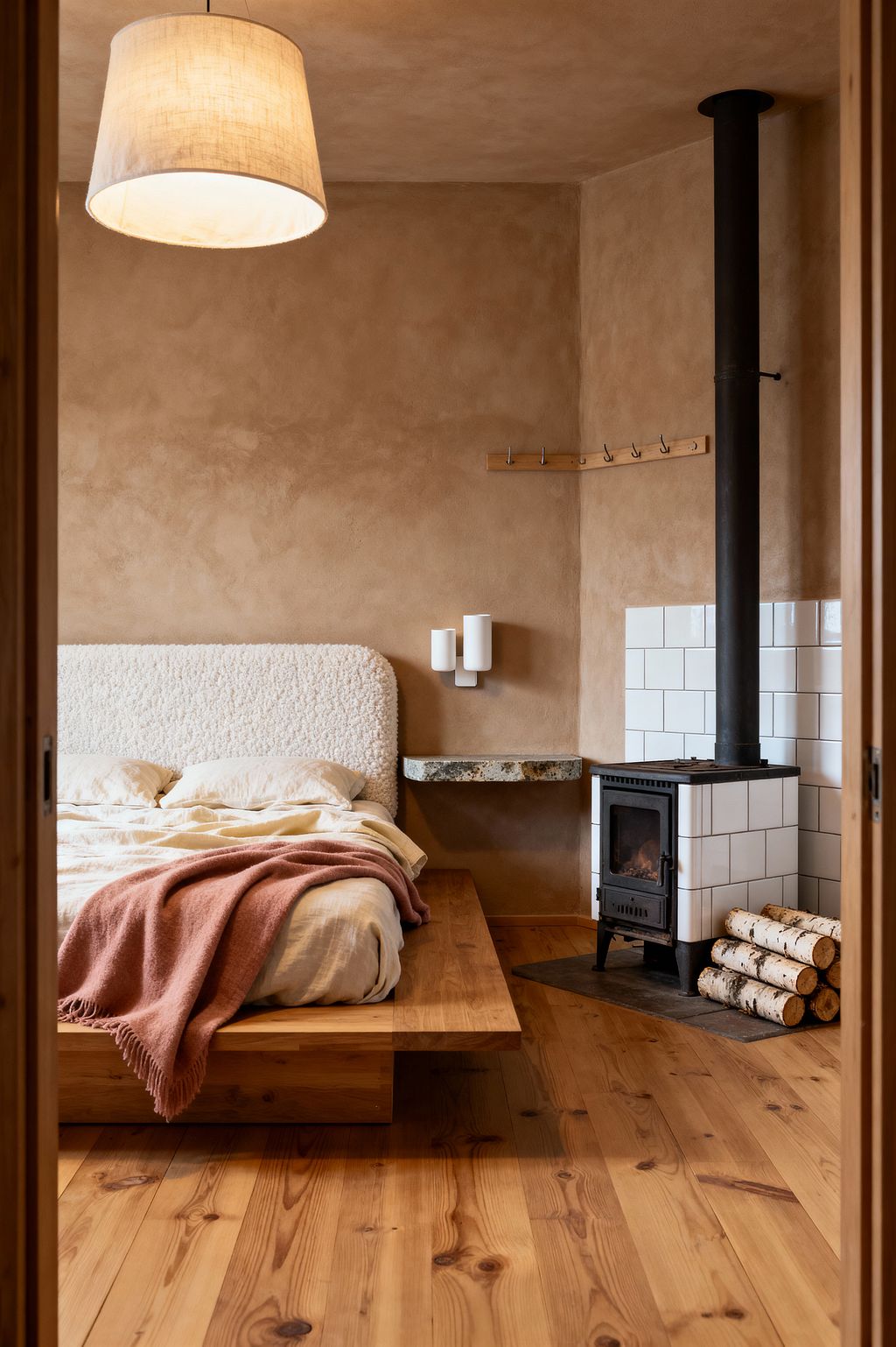 Cozy Scandinavian bedroom seen through a doorway. A low pine platform bed with an off-white bouclé headboard sits against clay-beige plaster walls. Ivory linen bedding is draped with a dusty rose throw. To the right, a compact cast-iron wood stove rises to a black flue, set within glossy white square tiles; stacked birch logs rest beside it. A floating stone night shelf, a simple peg rail, warm wood plank flooring, and a linen drum pendant complete the serene space.